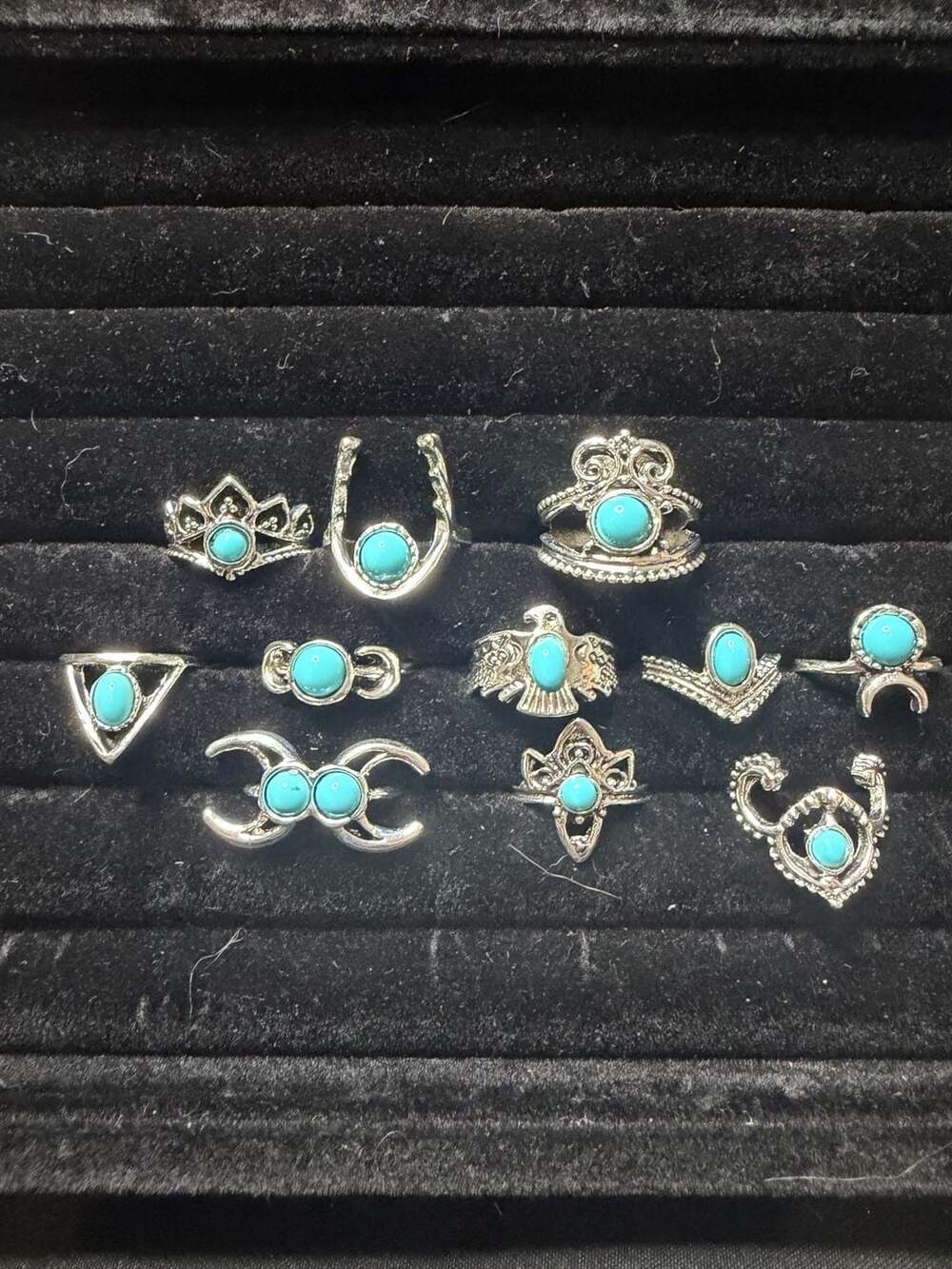 Assorted Antique Silver Bohemian Turquoise Finger Rings Set